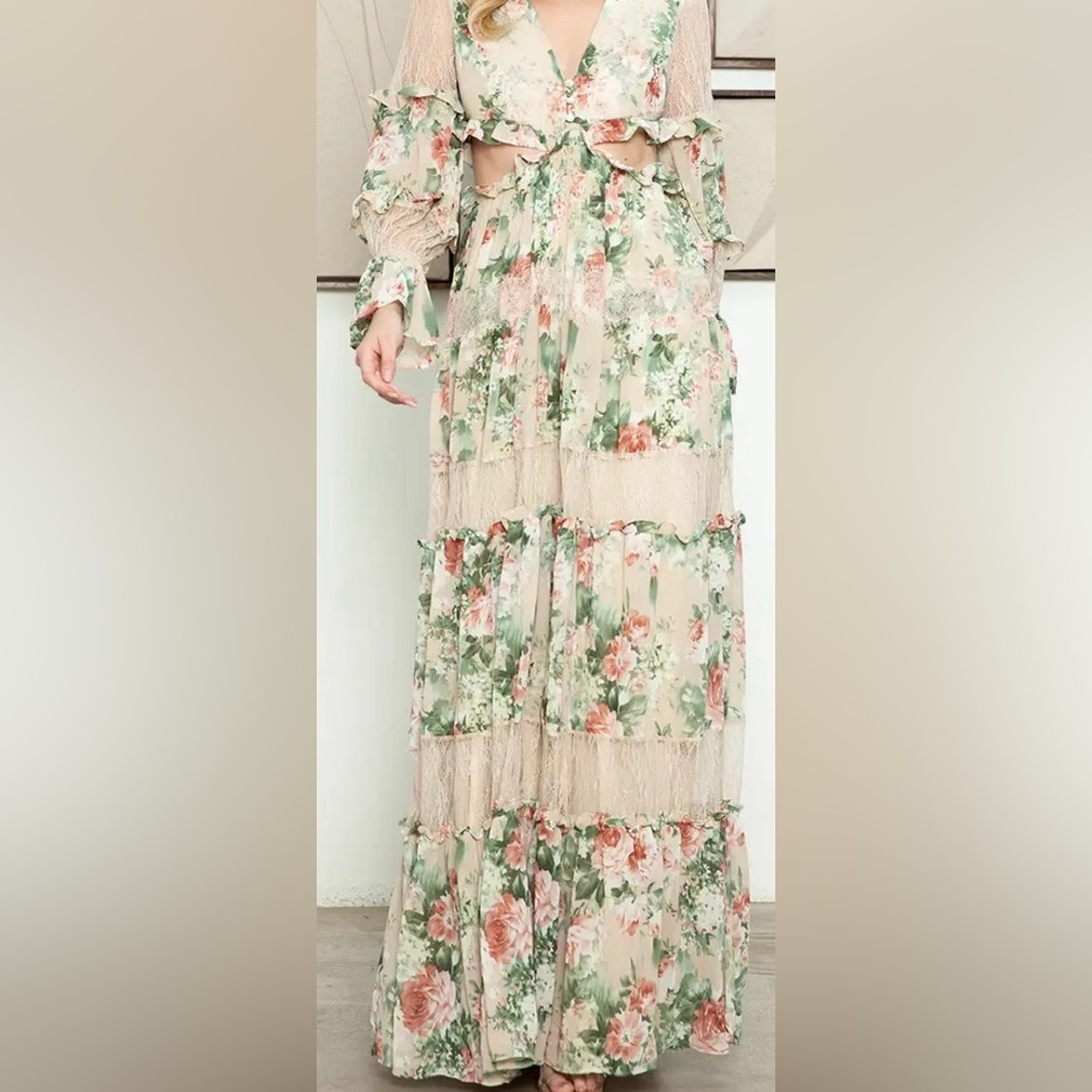 Floral Maxi Tiered Boho Dress.Cut Out & Ruffle/Lace Long Sleeves.NWT - Host Pick - Picture 6 of 13